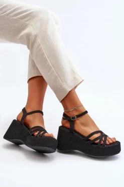 Sandały Na Platformie I Koturnie Czarne Oporia