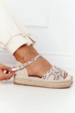 Sandały Na Platformie Z Plecionką Beżowe Wężowy Wzór Megara