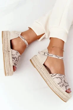 Sandały Na Platformie Z Plecionką Beżowe Wężowy Wzór Megara
