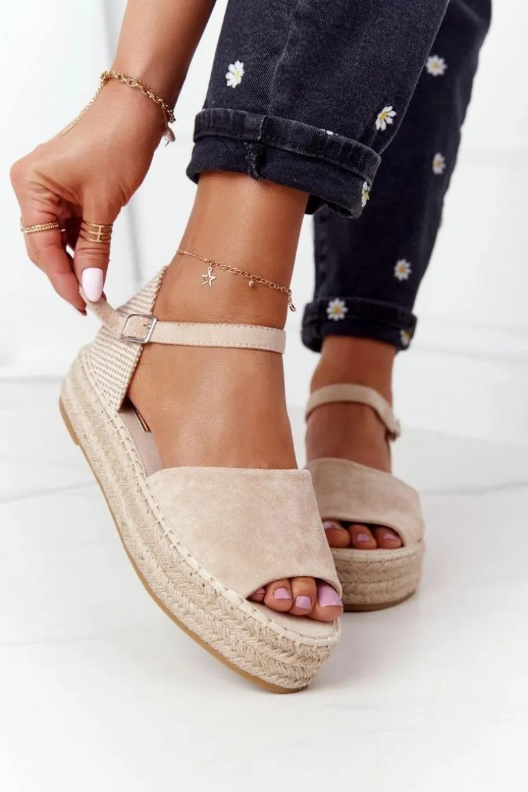 Sandały Na Platformie Z Plecionką Beżowe Megara