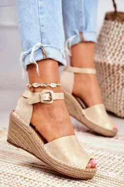 Sandały Na Plecionej Koturnie Złote Maritta