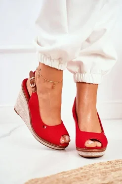 Sandały Na Plecionej Koturnie Czerwone Tommy