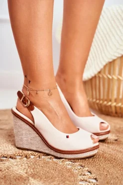 Sandały Na Plecionej Koturnie Beżowe Tommy