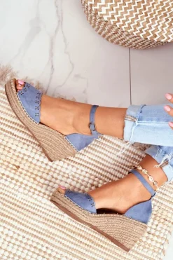 Sandały Na Plecionej Koturnie Niebieskie Sagittarius