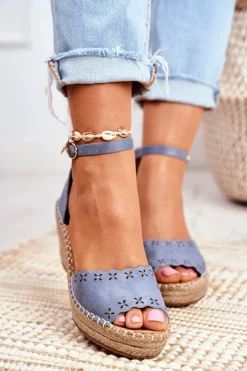 Sandały Na Plecionej Koturnie Niebieskie Sagittarius