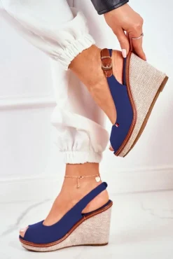 Sandały Na Plecionej Koturnie Granatowe Tommy