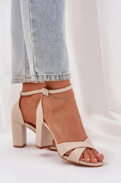 Sandały Na Słupkowym Obcasie Z Eko Skóry Beżowe Lanaria