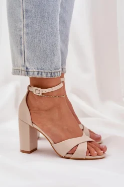 Sandały Na Słupkowym Obcasie Z Eko Skóry Beżowe Lanaria