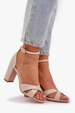 Sandały Na Słupkowym Obcasie Z Eko Skóry Beżowe Lanaria