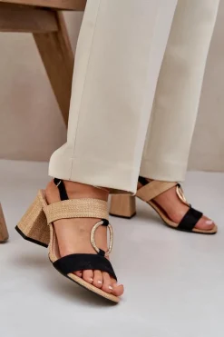 Sandały Na Słupkowym Obcasie Czarno-Beżowe Afleeria