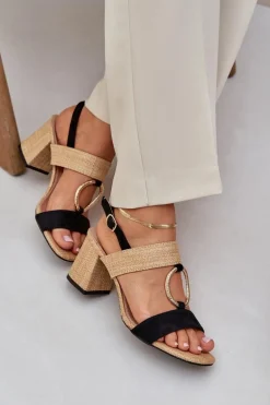 Sandały Na Słupkowym Obcasie Czarno-Beżowe Afleeria