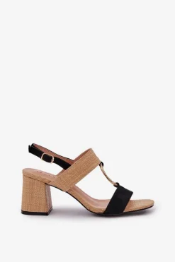 Sandały Na Słupkowym Obcasie Czarno-Beżowe Afleeria