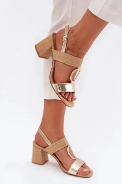 Sandały Na Słupkowym Obcasie Złote Afleeria