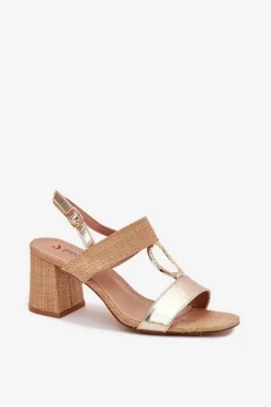 Sandały Na Słupkowym Obcasie Złote Afleeria