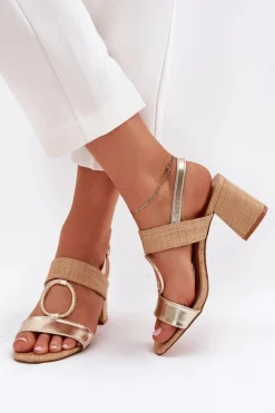 Sandały Na Słupkowym Obcasie Złote Afleeria