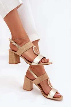 Sandały Na Słupkowym Obcasie Złote Afleeria