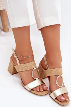 Sandały Na Słupkowym Obcasie Złote Afleeria