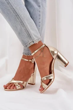 Sandały Na Słupkowym Obcasie Z Eko Skóry Złote Lanaria