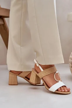 Sandały Na Słupkowym Obcasie Biało-Beżowe Afleeria