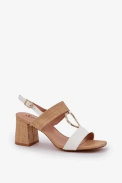 Sandały Na Słupkowym Obcasie Biało-Beżowe Afleeria