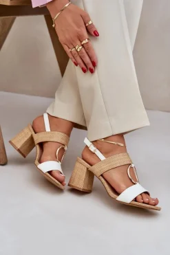 Sandały Na Słupkowym Obcasie Biało-Beżowe Afleeria