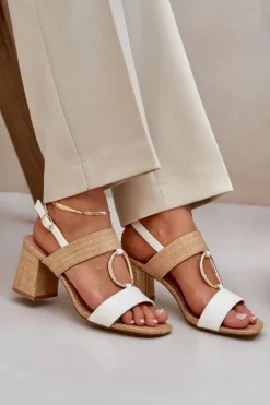 Sandały Na Słupkowym Obcasie Biało-Beżowe Afleeria