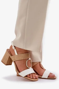 Sandały Na Słupkowym Obcasie Biało-Beżowe Afleeria