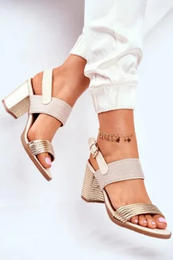 Sandały Na Słupku Beżowo-Złote Emmy