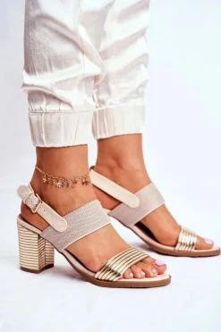 Sandały Na Słupku Beżowo-Złote Emmy