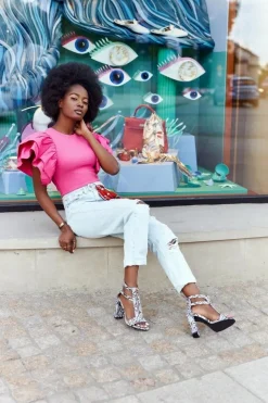 Sandały Na Słupku Czarne Z Wężowym Wzorem Folly