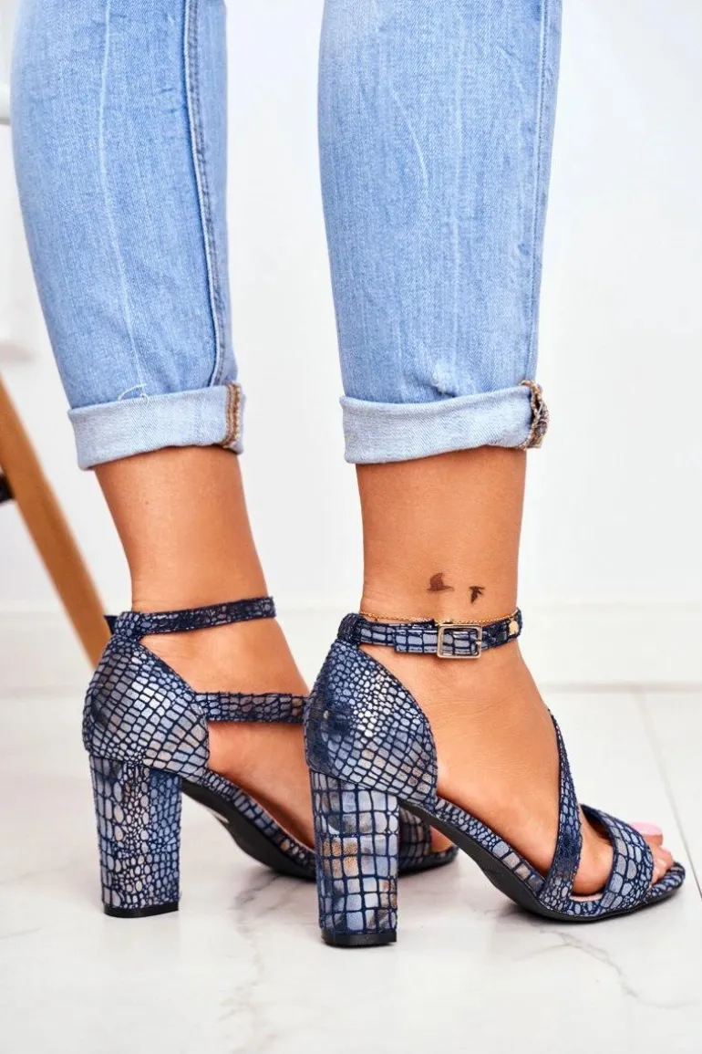 Sandały Na Słupku Sergio Leone SK870 Granatowe Zwierzęcy Wzór