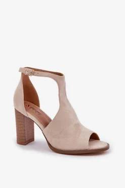 Sandały Na Słupku Z Eko Zamszu Jasnobeżowe Lanadriena