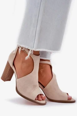 Sandały Na Słupku Z Eko Zamszu Jasnobeżowe Lanadriena