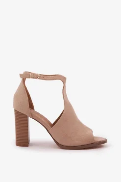 Sandały Na Słupku Z Eko Zamszu Beżowe Lanadriena