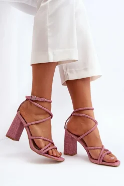 Sandały Na Słupku Z Paskami Różowe Herfiana