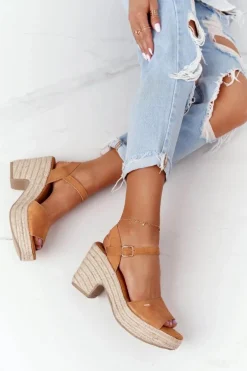 Sandały Na Słupku Z Plecionką Big Star HH274394 Camel