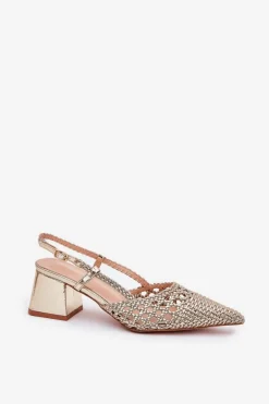 Sandały Na Słupku Z Plecionką I Szpiczastymi Noskami Złote Resterri