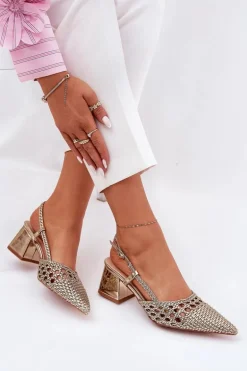 Sandały Na Słupku Z Plecionką I Szpiczastymi Noskami Złote Resterri