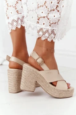 Sandały Na Słupku Z Plecionką Big Star HH274388 Beżowe