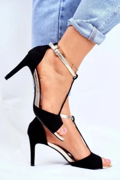 Sandały Na Szpilce S.Barski 280-58 Czarno-Złote