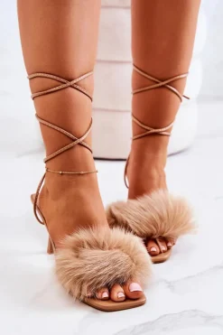 Sandały Na Szpilce Z Futerkiem Beżowe Lindsay