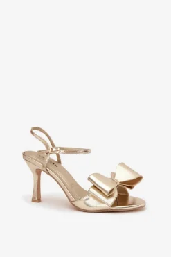 Sandały Na Szpilce Z Kokardą Złote Noliva