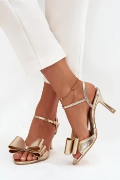 Sandały Na Szpilce Z Kokardą Złote Noliva
