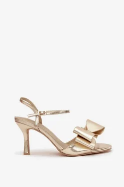 Sandały Na Szpilce Z Kokardą Złote Noliva