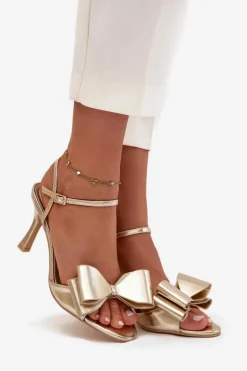 Sandały Na Szpilce Z Kokardą Złote Noliva