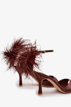 Sandały Na Szpilce Z Piórami Czekoladowe Caelina