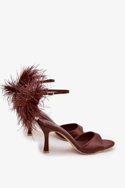 Sandały Na Szpilce Z Piórami Czekoladowe Caelina