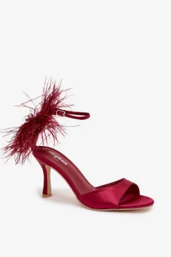 Sandały Na Szpilce Z Piórami Bordowe Caelina