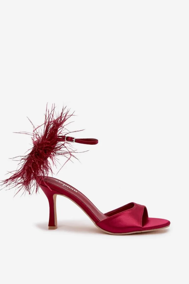 Sandały Na Szpilce Z Piórami Bordowe Caelina