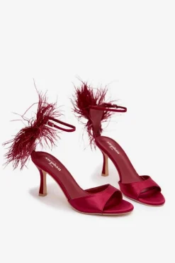 Sandały Na Szpilce Z Piórami Bordowe Caelina